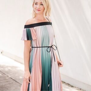 Ted Baker London Short Sleeves Tie Belt Fernee Colorblock Midi Pleated Dress